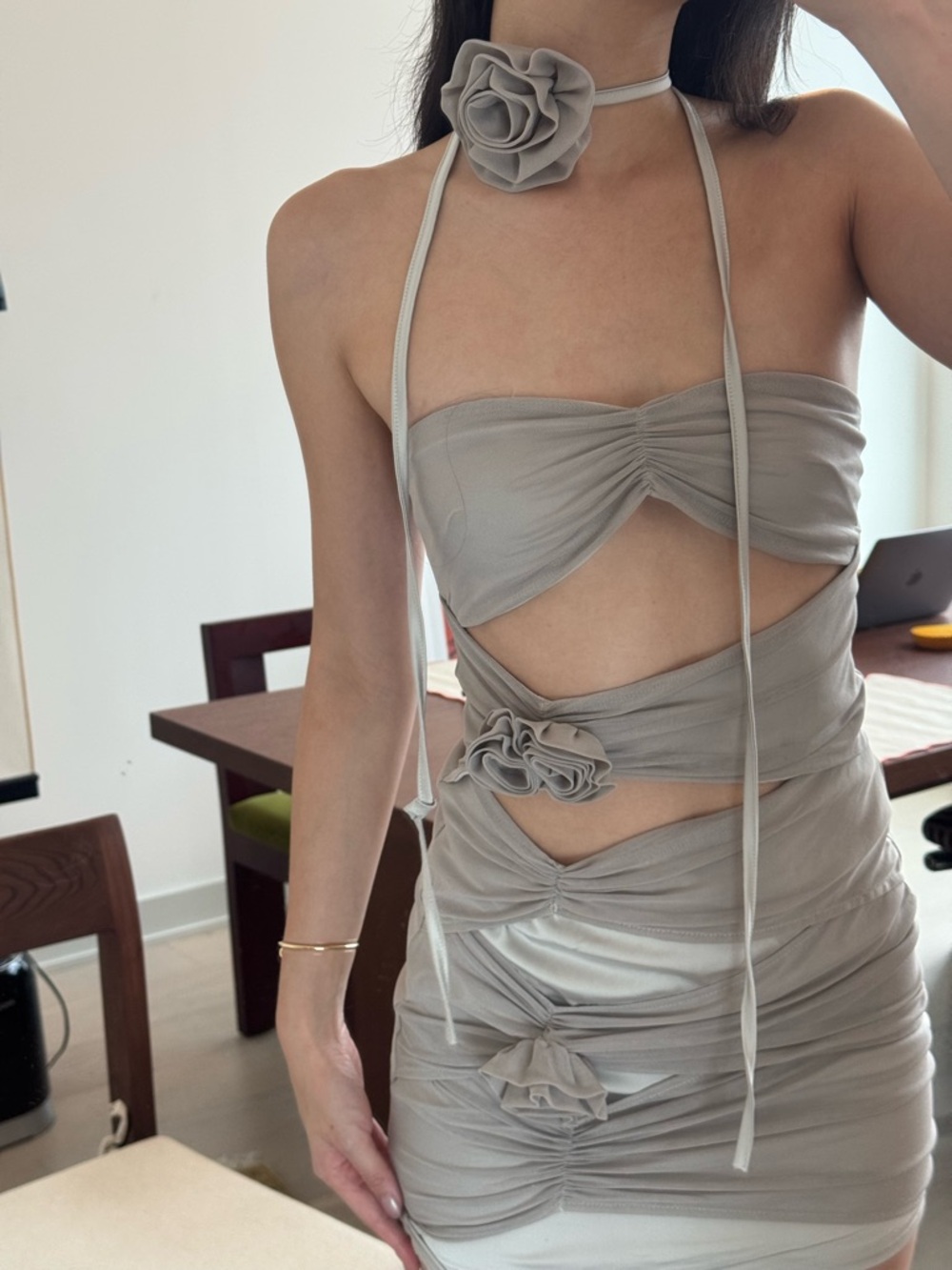 Sleeveless Draped Knot Mini Dress in Light Taupe